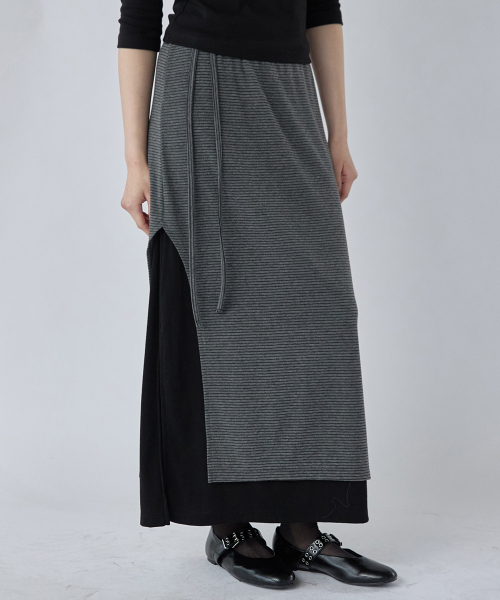 Striped Layered Long Skirt Black