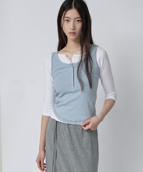Button Henley Neck Sleeveless Blue