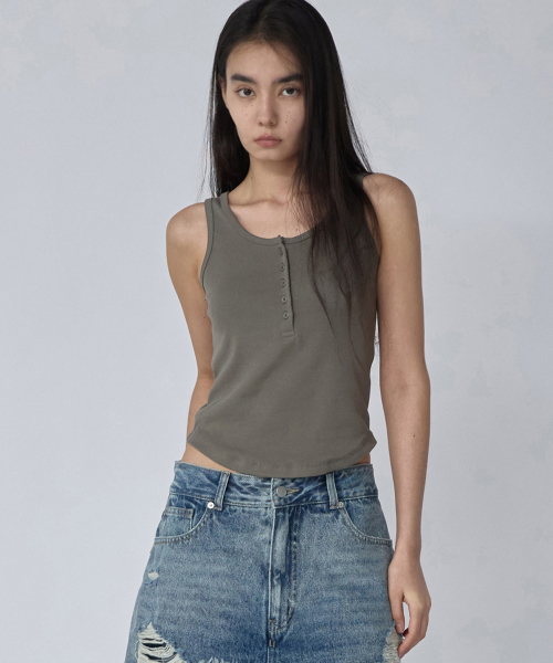 Button Henley Neck Sleeveless Khaki