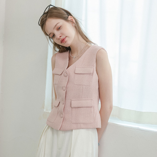 DD_Button tweed sleeveless vest_PINK