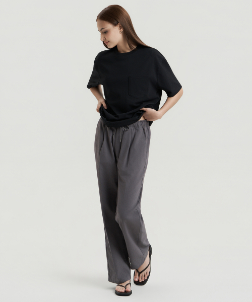 Полуширокие брюки на резинке W Linen Touch - Charcoal