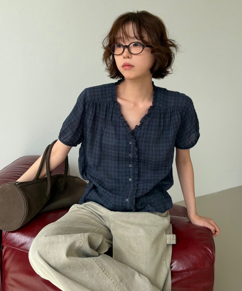 Check frill V-neck blouse [TISU07BL07]_Navy