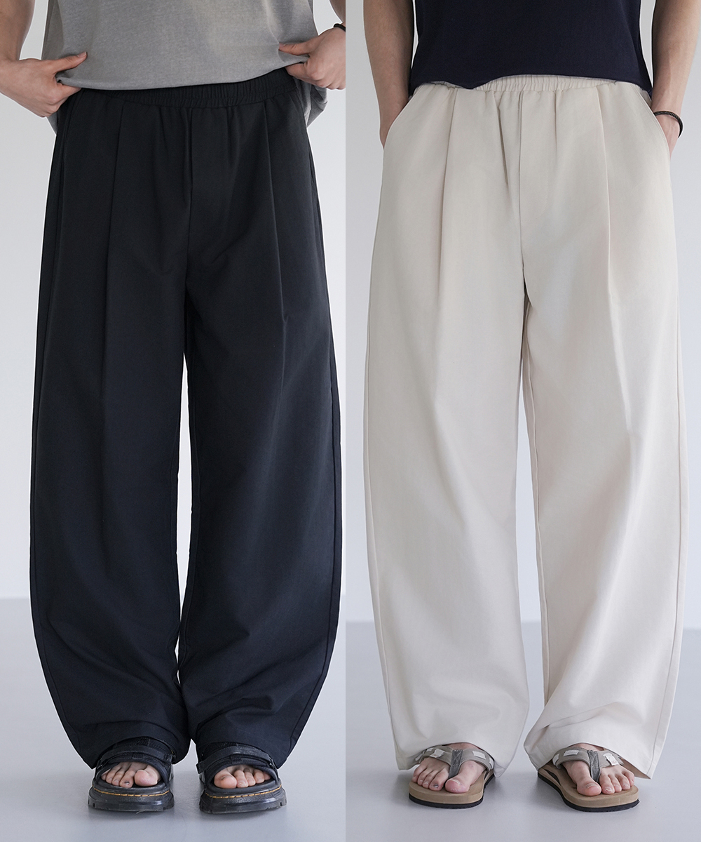linen-like waist-banding one pintuck wide pants 2 colors