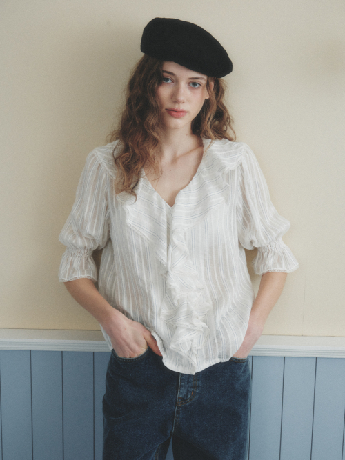AMELIE frill puff blouse_IVORY STRIPE