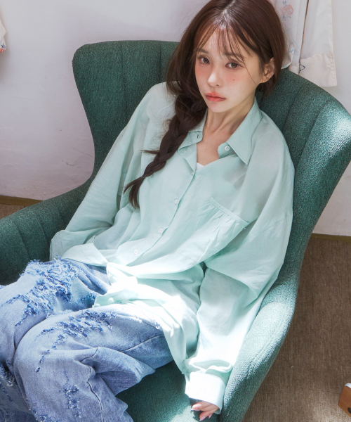 ke206. shirring pocket overfit shirt mint