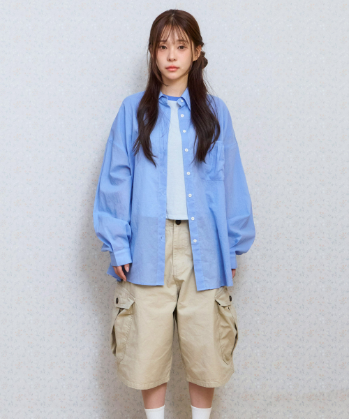 ke206. shirring pocket overfit shirt blue