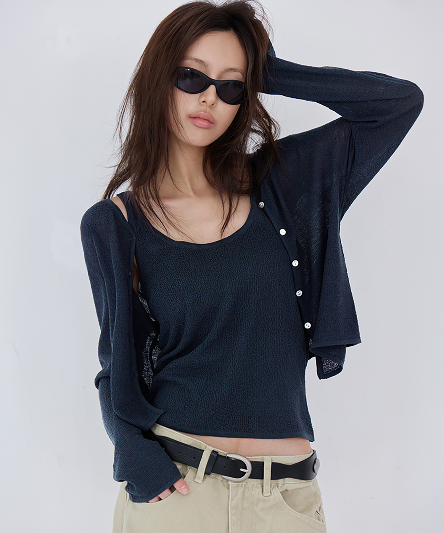 2-piece knit cardigan set, navy