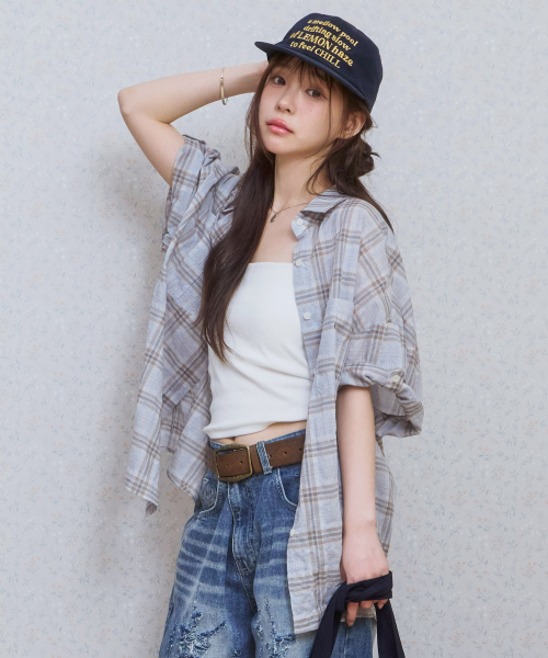 Ke208. overfit check roll up half shirt light blue