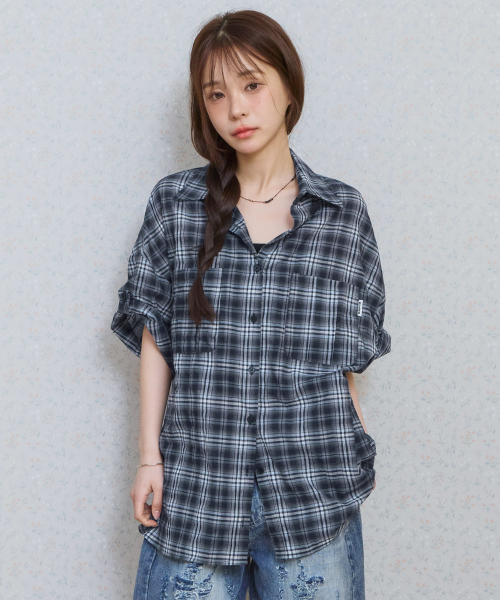 Ke208. overfit check roll up half shirt navy