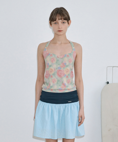 Rose floral knit halter top (green)