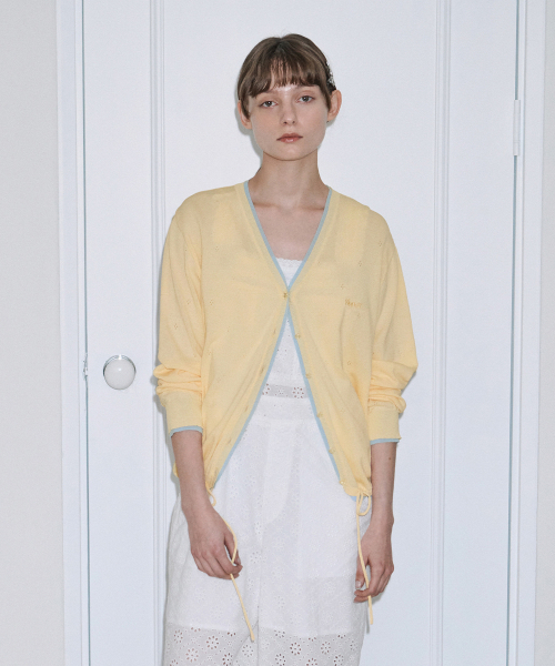 V neck string punching cardigan (lemon yellow)