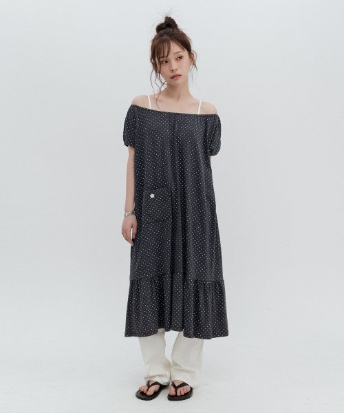 도트 포켓 롱원피스_차콜