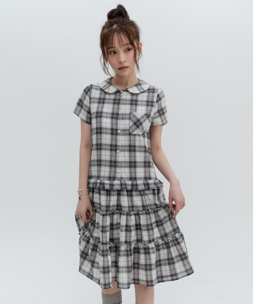 Check round collar midi dress