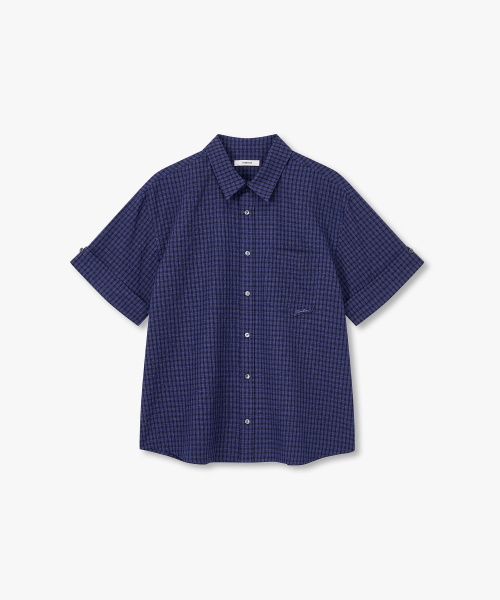 [MEN] Клетчатая рубашка с коротким рукавом и подворотами Blue 9156221313