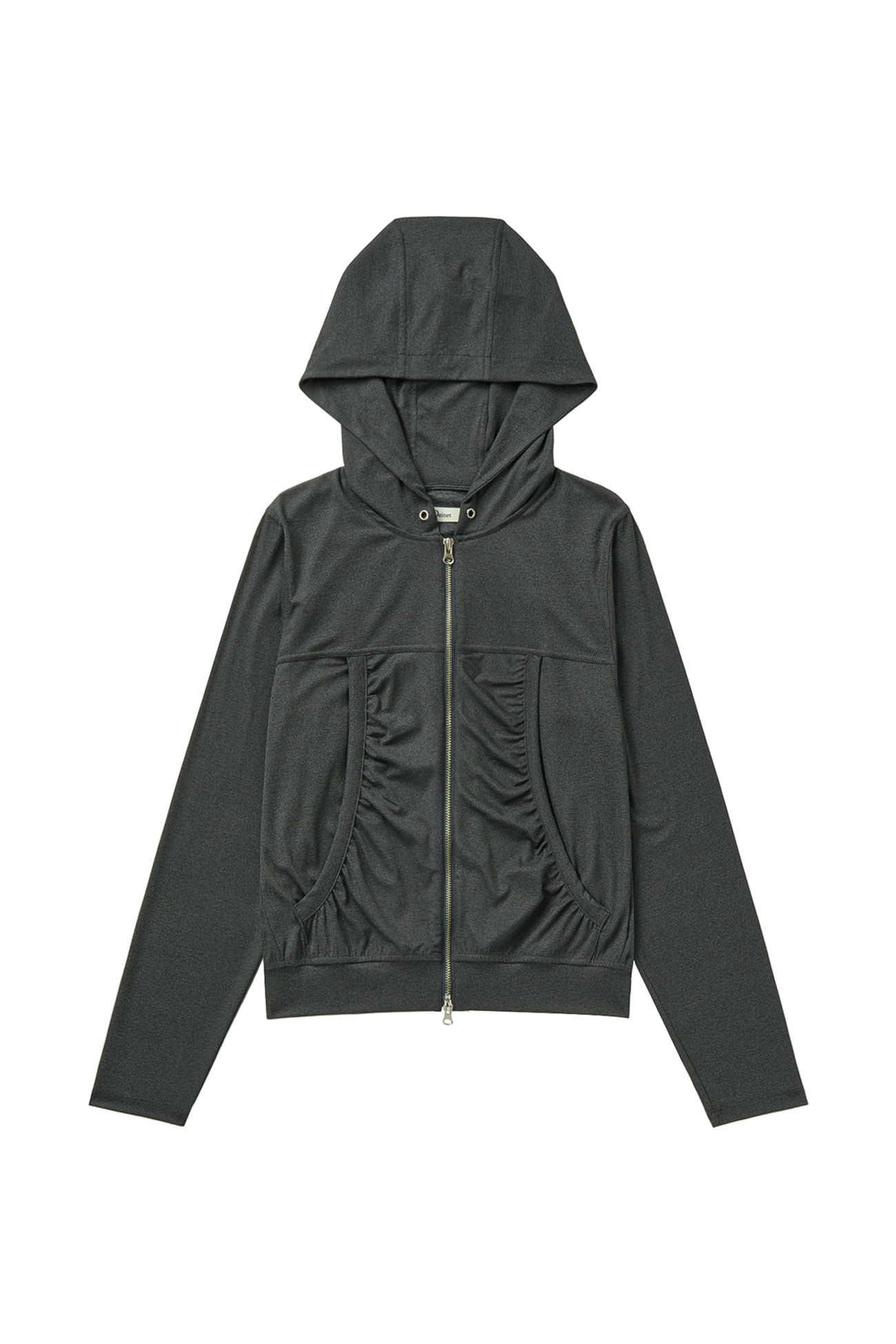 SHIRRING HOOD ZIP UP IN DARK GREY