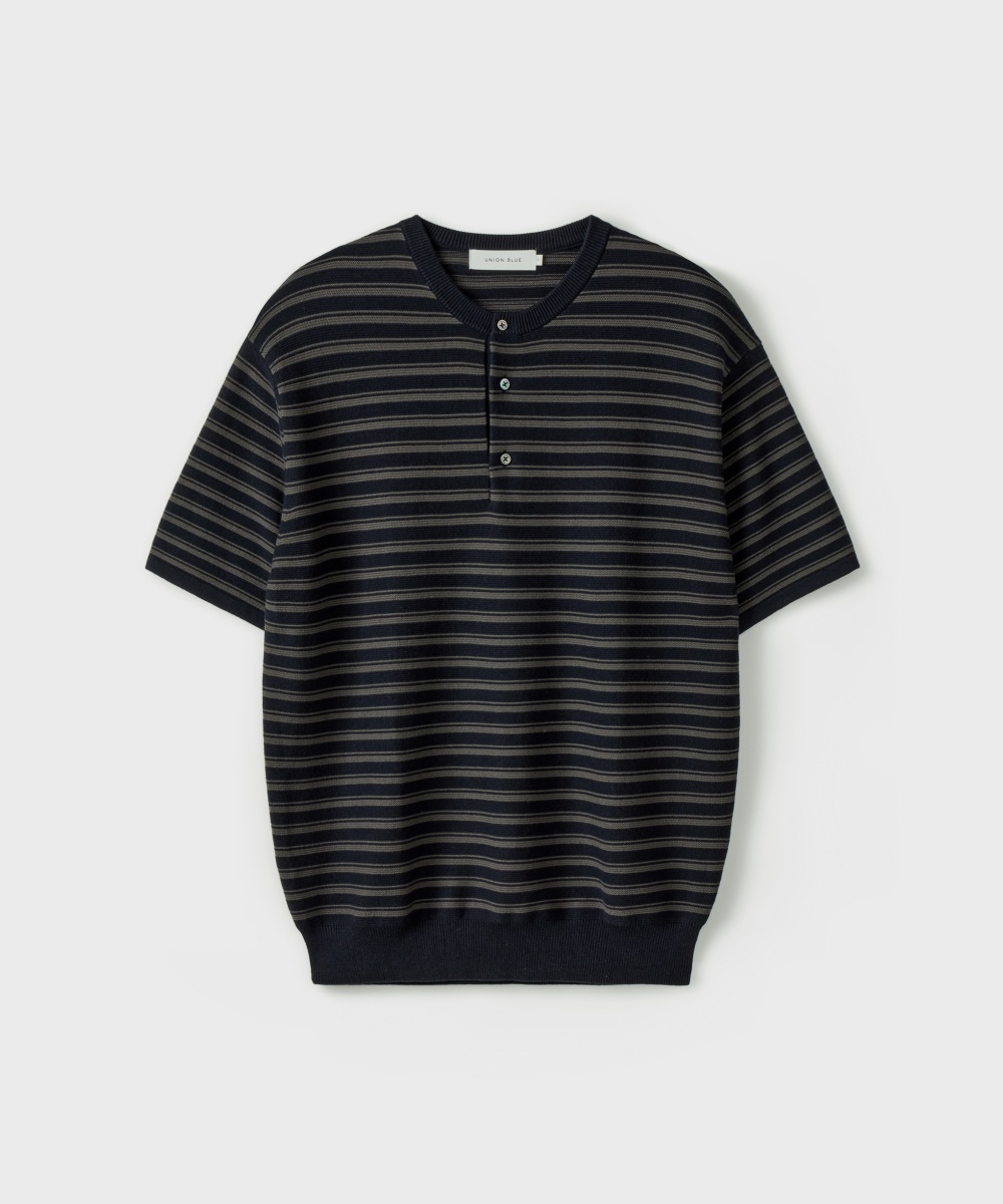 RUSTIC STRIPE HENLEY HALF KNIT [GRANITE NAVY]