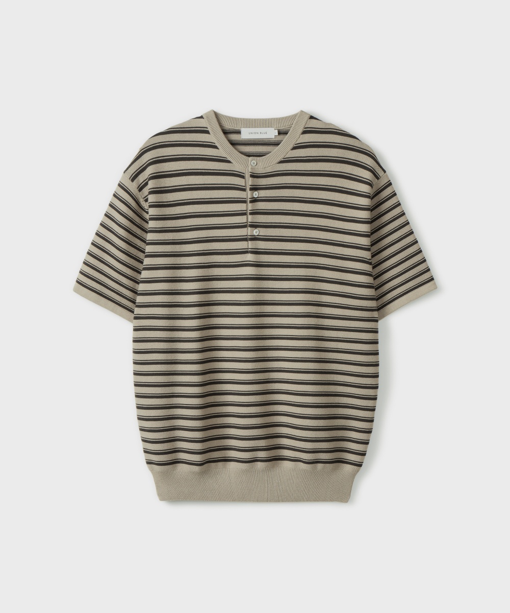 RUSTIC STRIPE HENLEY HALF KNIT [PUTTY BEIGE]