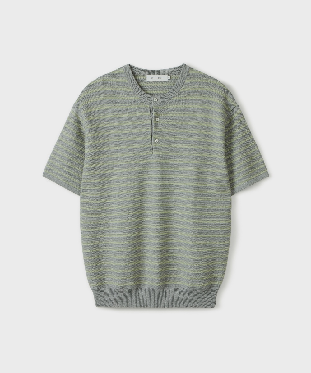 RUSTIC STRIPE HENLEY HALF KNIT [MATCHA GRAY]