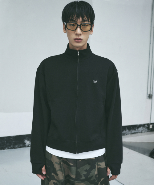 COTTON BUTTERFLY CROPPED ZIP-UP_BLACK