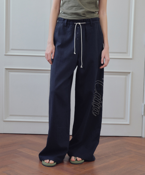 Signature Logo Linen Wide Pants_CTB574(Navy)