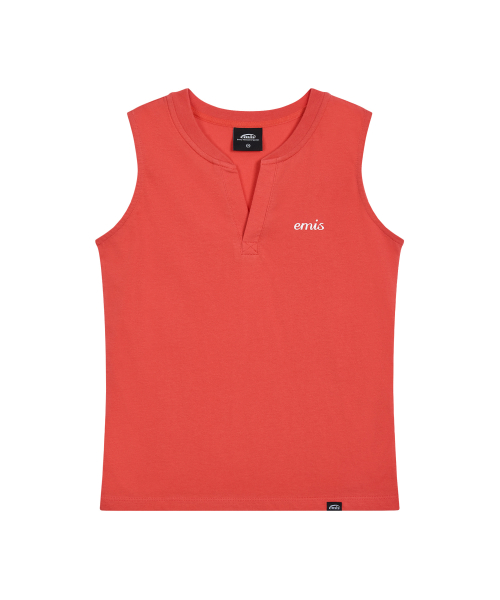 (W) HENLEY NECK SLEEVELESS TOP-RED