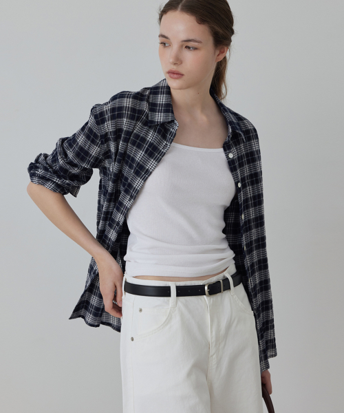 Airy Crinkle Cotton Check Shirt_Navy_2colors