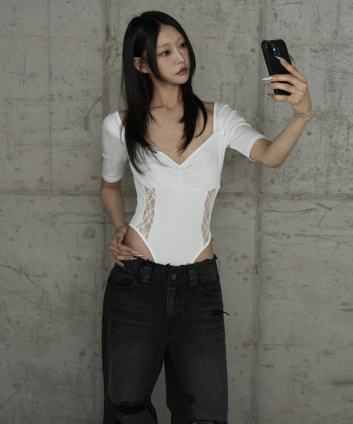 Bust Line Lace Bodysuit (White)
