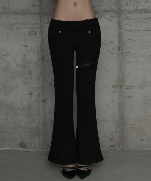 Lace Zipper Layer Bootcut Pants (Black)