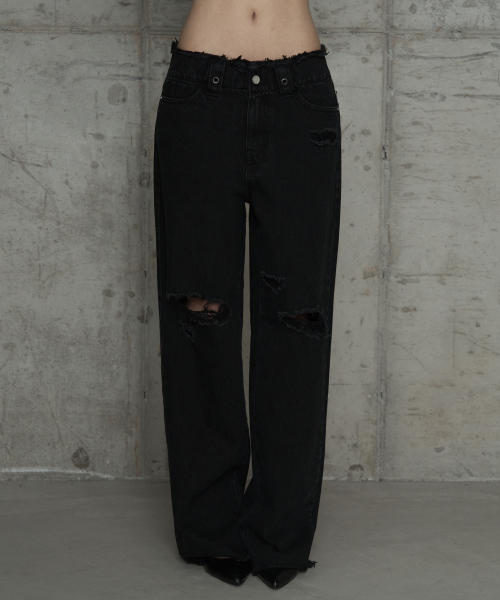 Wide Front Damage Denim Pants (Black)