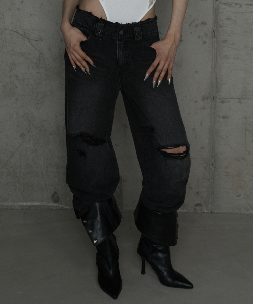 Wide Front Damage Denim Pants (Dark Gray)