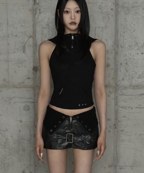 Zipper Halter Turtleneck Point Pocket Hoodie (Black)