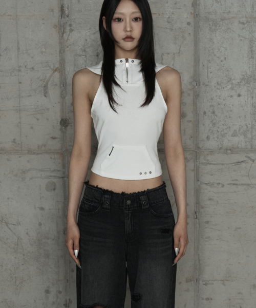 Zipper Halter Turtleneck Point Pocket Hoodie (White)