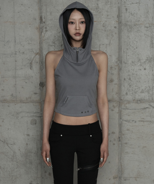Zipper Halter Turtleneck Point Pocket Hoodie (Gray)