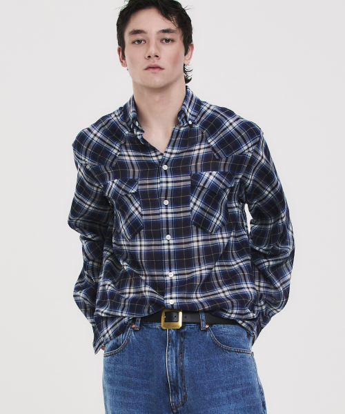 SOFT SHEER CHECK SHIRT NAVY