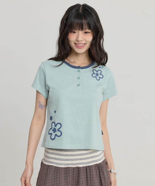 Flower Henley Neck Half Sleeve T-shirt MINT