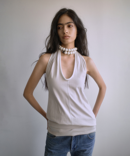 OPEN-BACK DRAPED HALTER TOP-BEIGE