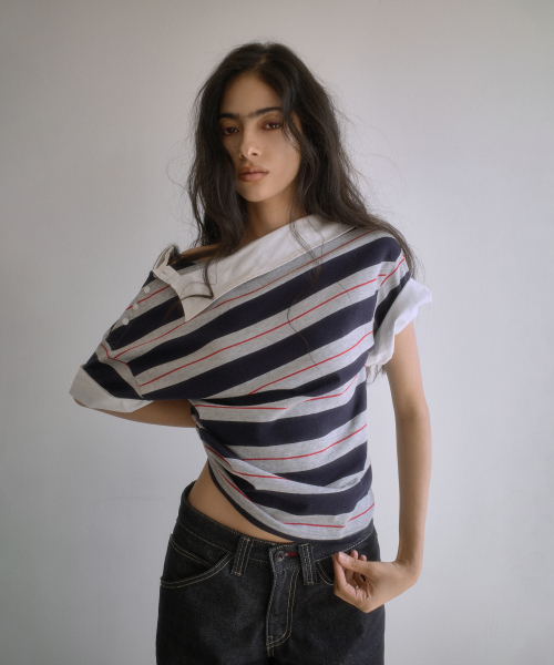 OFF-SHOULDER SHIRT LAYERED UNBALANCED T-SHIRT-STRIPE