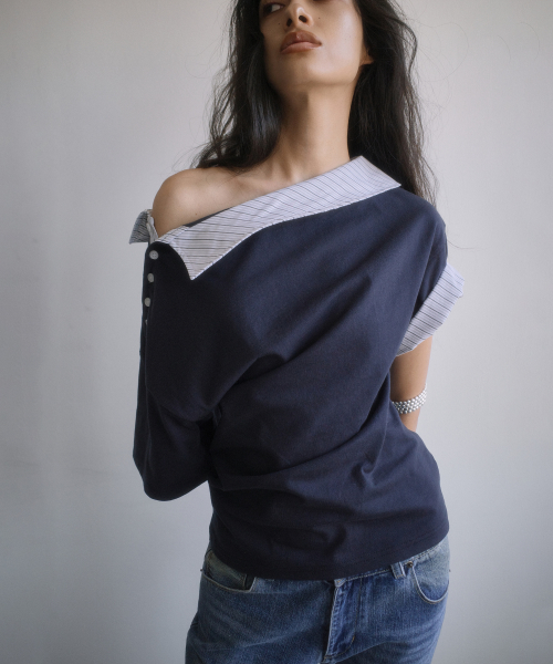 OFF-SHOULDER SHIRT LAYERED UNBALANCED T-SHIRT-NAVY
