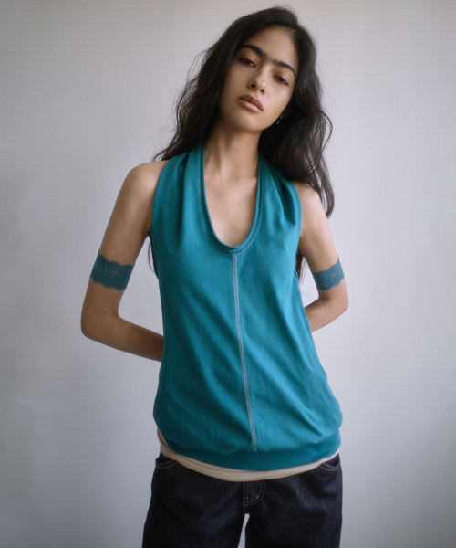 OPEN-BACK DRAPED HALTER TOP-TEAL BLUE