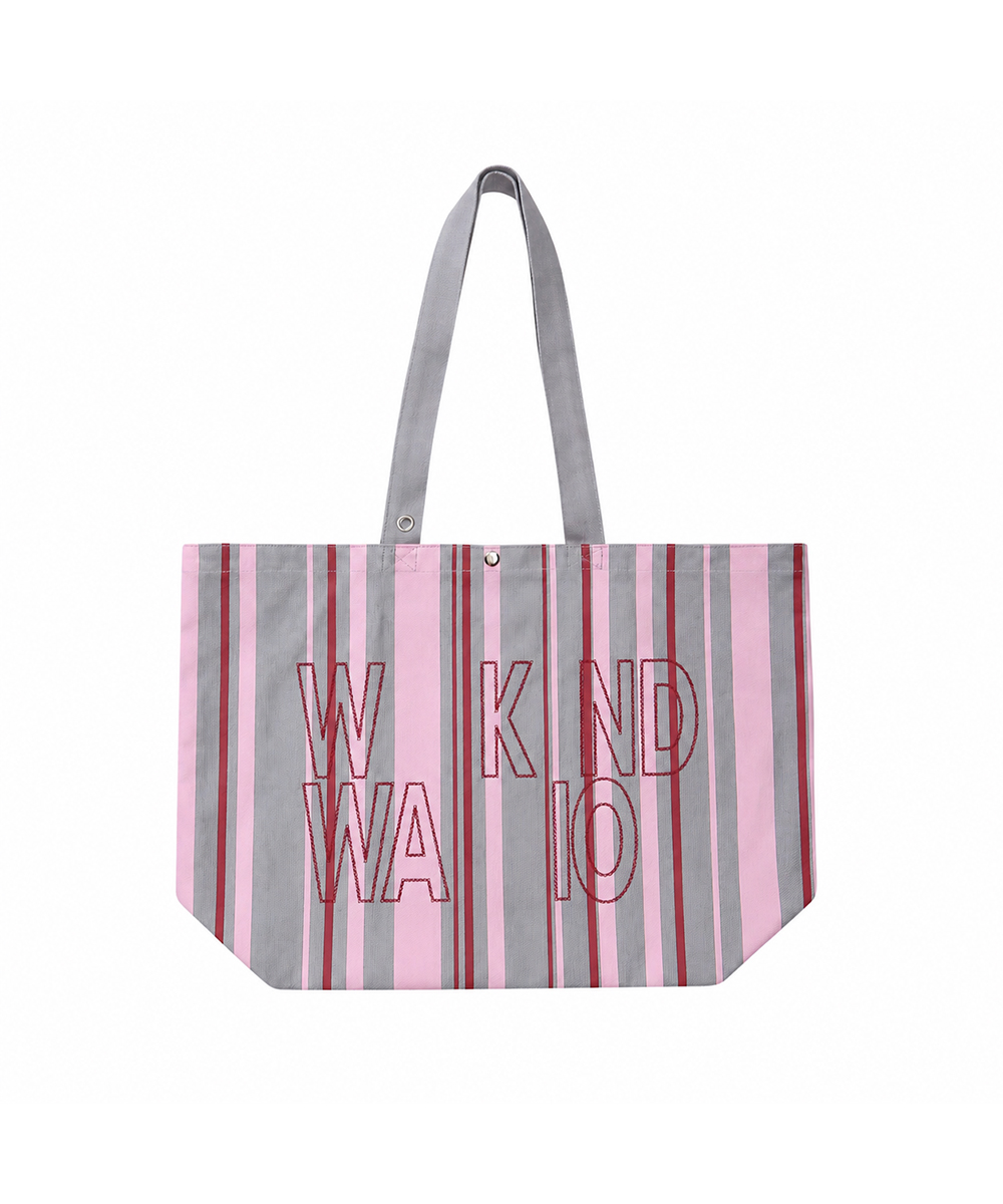 Weekend warrior stripe embroid canvas tote-bag (Pink gray)