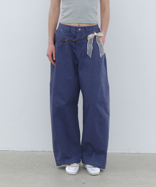 Volume Curved Wide Cotton Pants - blue