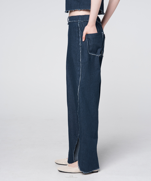 Diagonal Slit Cut-Off Denim брюки Deep blue