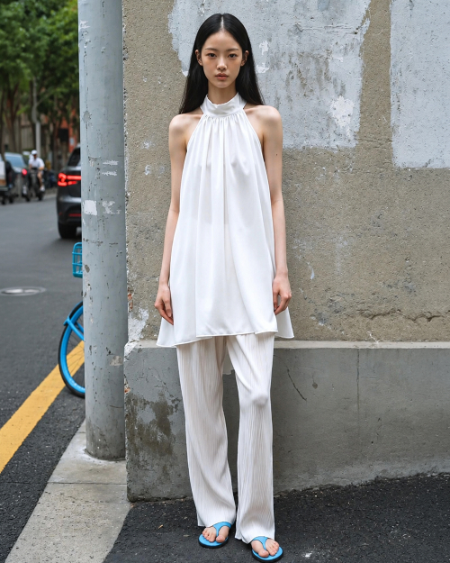 320쇼룸 Halter Neck Shirring Asymmetric Mini Dress White