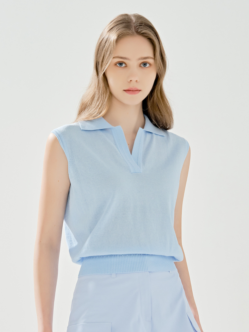 Летний трикотажный топ-но sleeveless с воротником S/BLUE