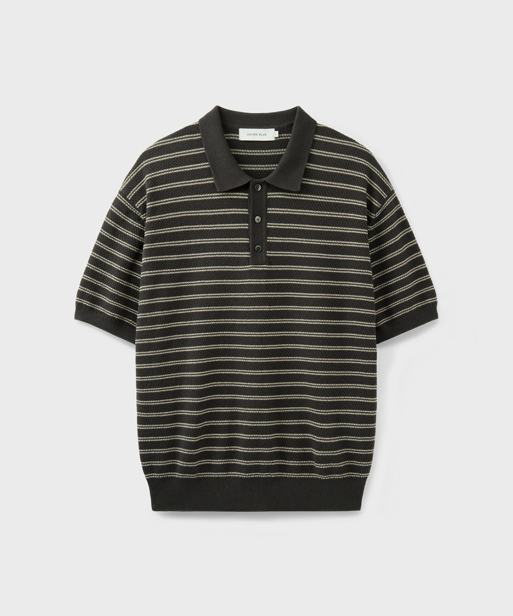 HARD TWIST 2LINE STRIPE POLO KNIT [EARTH KHAKI]