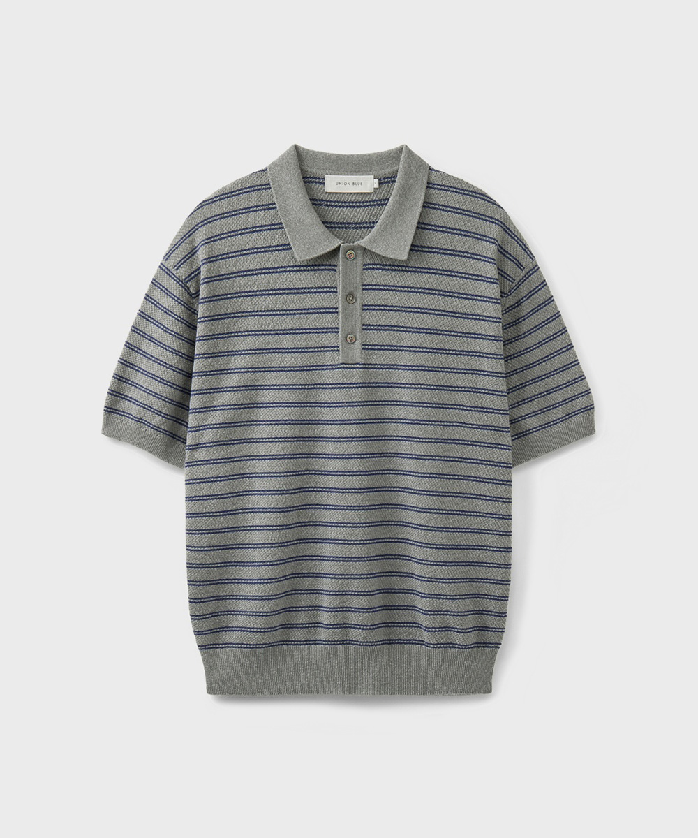 HARD TWIST 2LINE STRIPE POLO KNIT [PRUSSIAN GRAY]