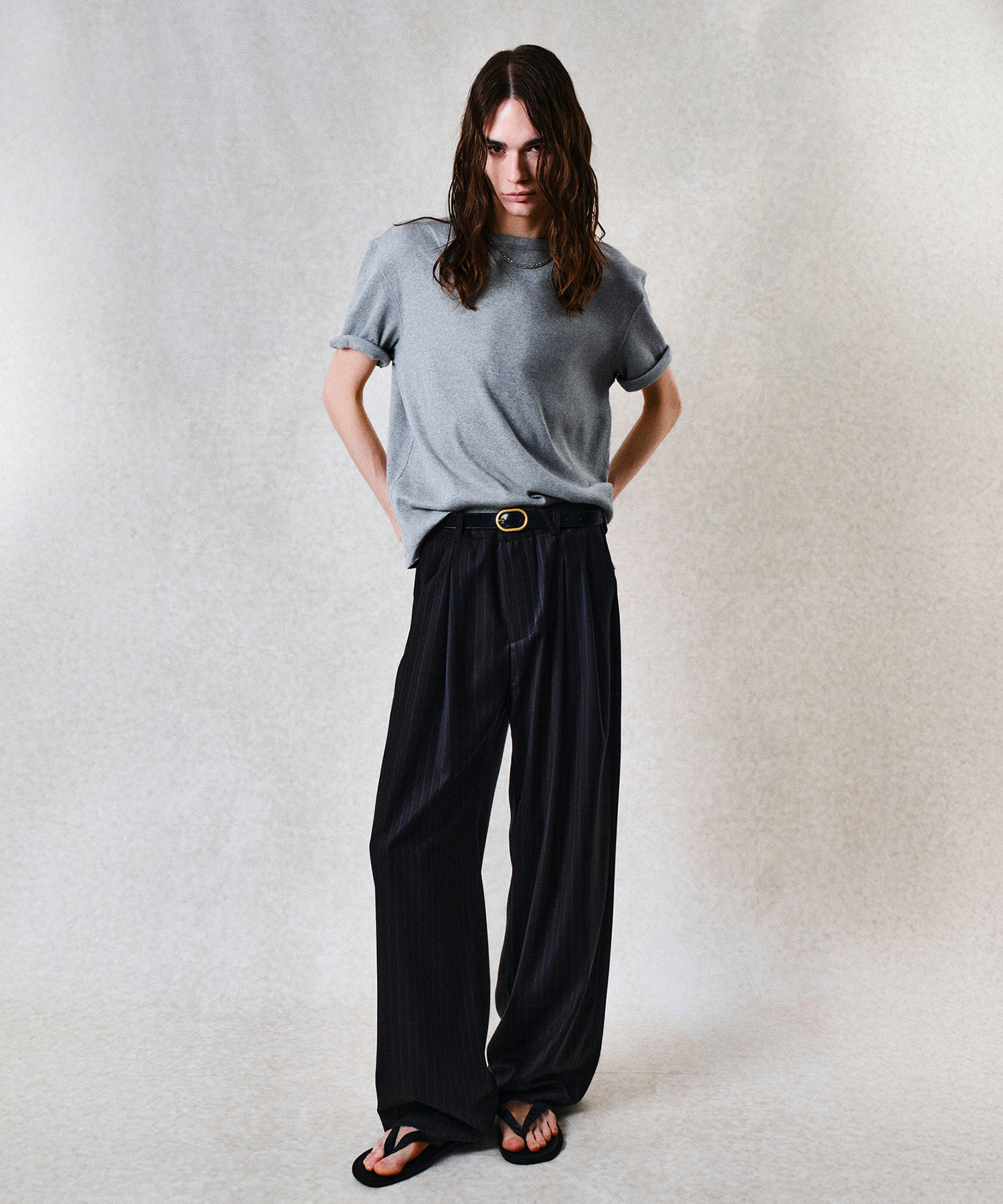 DOUBLE PLEATS STRIPE TROUSERS (NAVY)