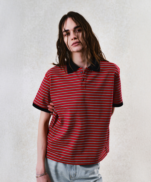 REGULAR FIT STRIPE PIQUE TOP (RED)