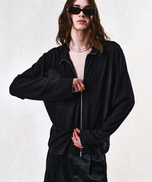 LINEN BLEND HIGH-NECK KNIT ZIP-UP (BLACK)