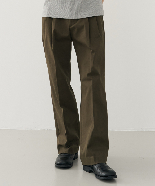 Прямые широкие чиносы на резинке с двумя складками [KHAKI]